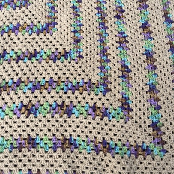 Tan & Mermaid Rainbow 71 X 83 Crochet Blanket Bedspread Love Granny Cottage Core - Picture 5 of 8